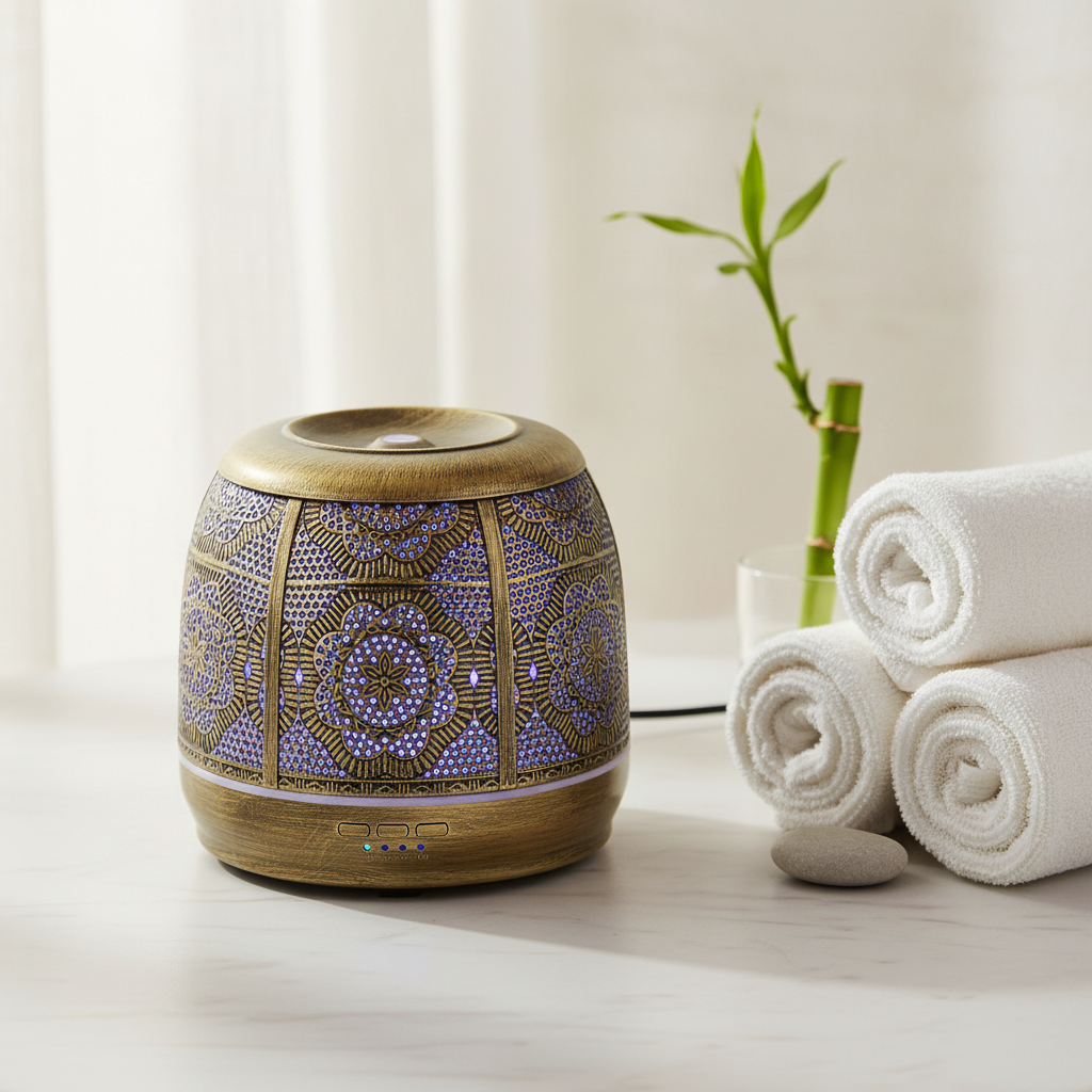 Diffuseur d'huiles essentielles Haovia finition bronze vintage sur marbre blanc dans un décor spa épuré