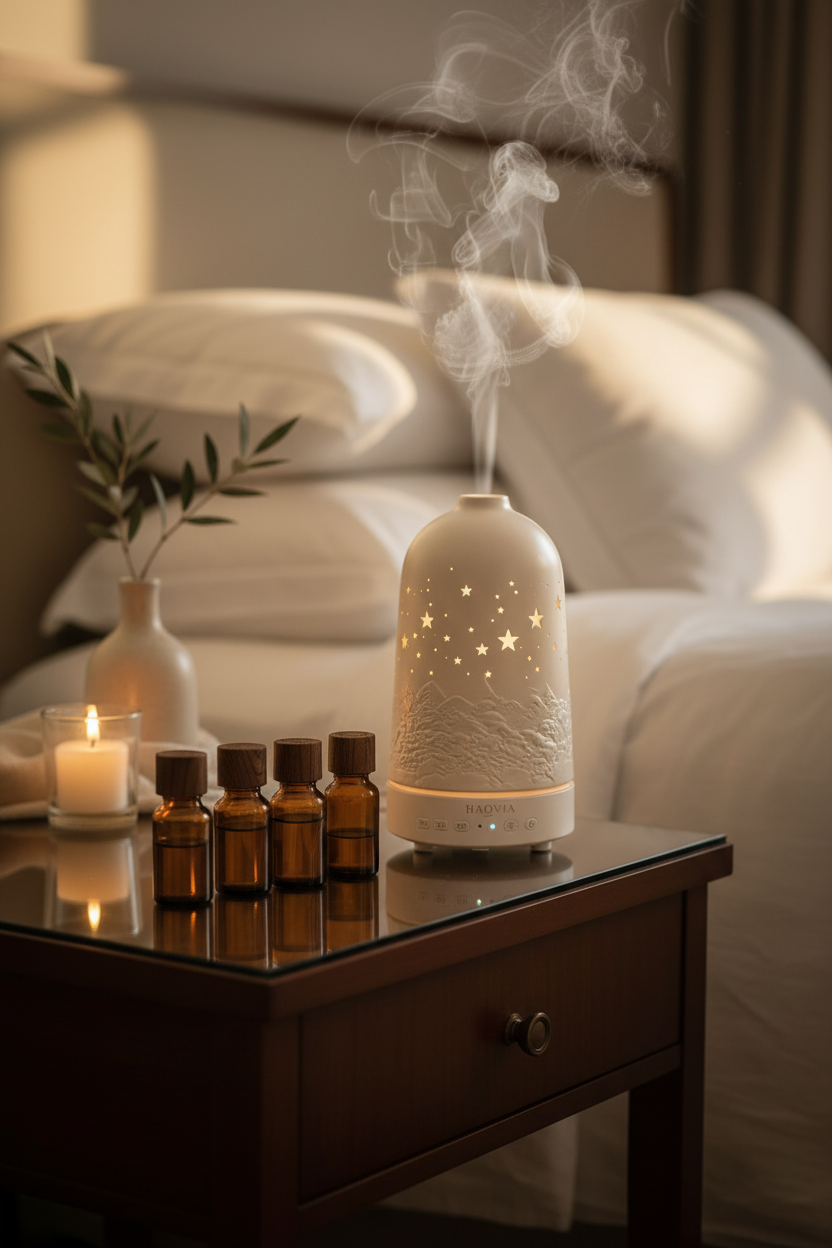 Diffuseur céramique HAOVIA No.1 blanc avec brume et huiles essentielles sur table de nuit, ambiance chambre hôtel luxe