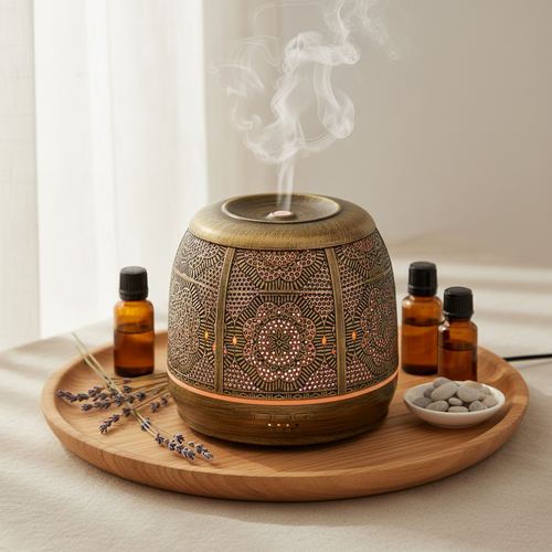 Diffuseur d'aromathérapie Haovia sur une table en bois clair avec flacons d'huiles essentielles et lavande