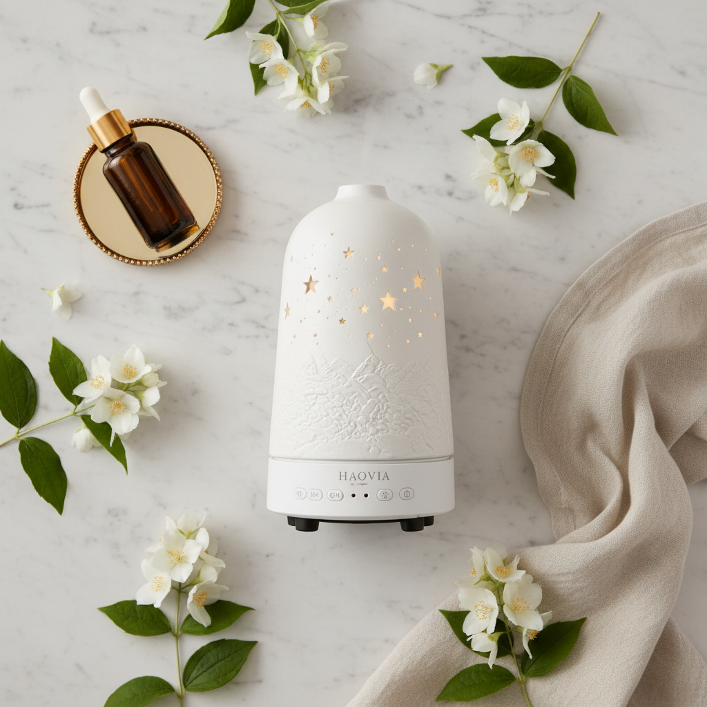 HAOVIA diffuser flat lay with jasmine flowers on marble