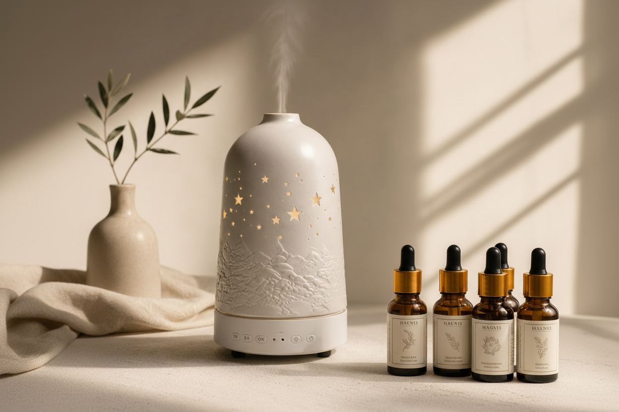 Diffuseur céramique HAOVIA blanc avec étoiles dorées et 6 flacons d'huiles essentielles 10ml sur marbre blanc