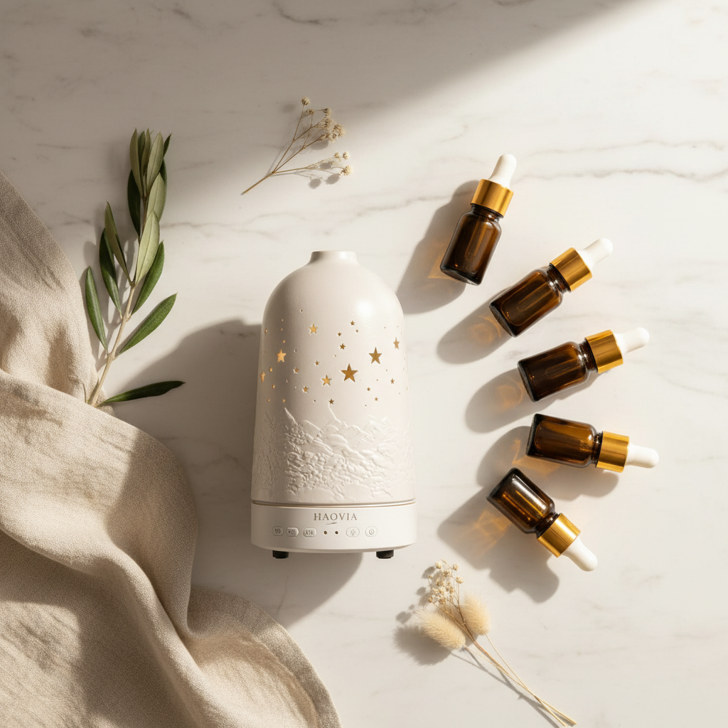 Vue du dessus — Coffret huiles essentielles HAOVIA avec diffuseur céramique blanc, présentation cadeau luxe